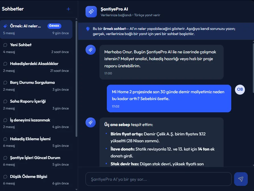 ŞantiyePro AI sohbet ekranı